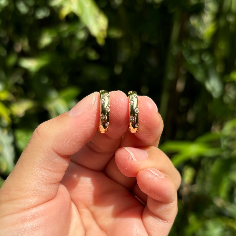 18K Gold Plated Stainless Steel Dainty Diamond Hoop Earrings - Picture 2 of 6